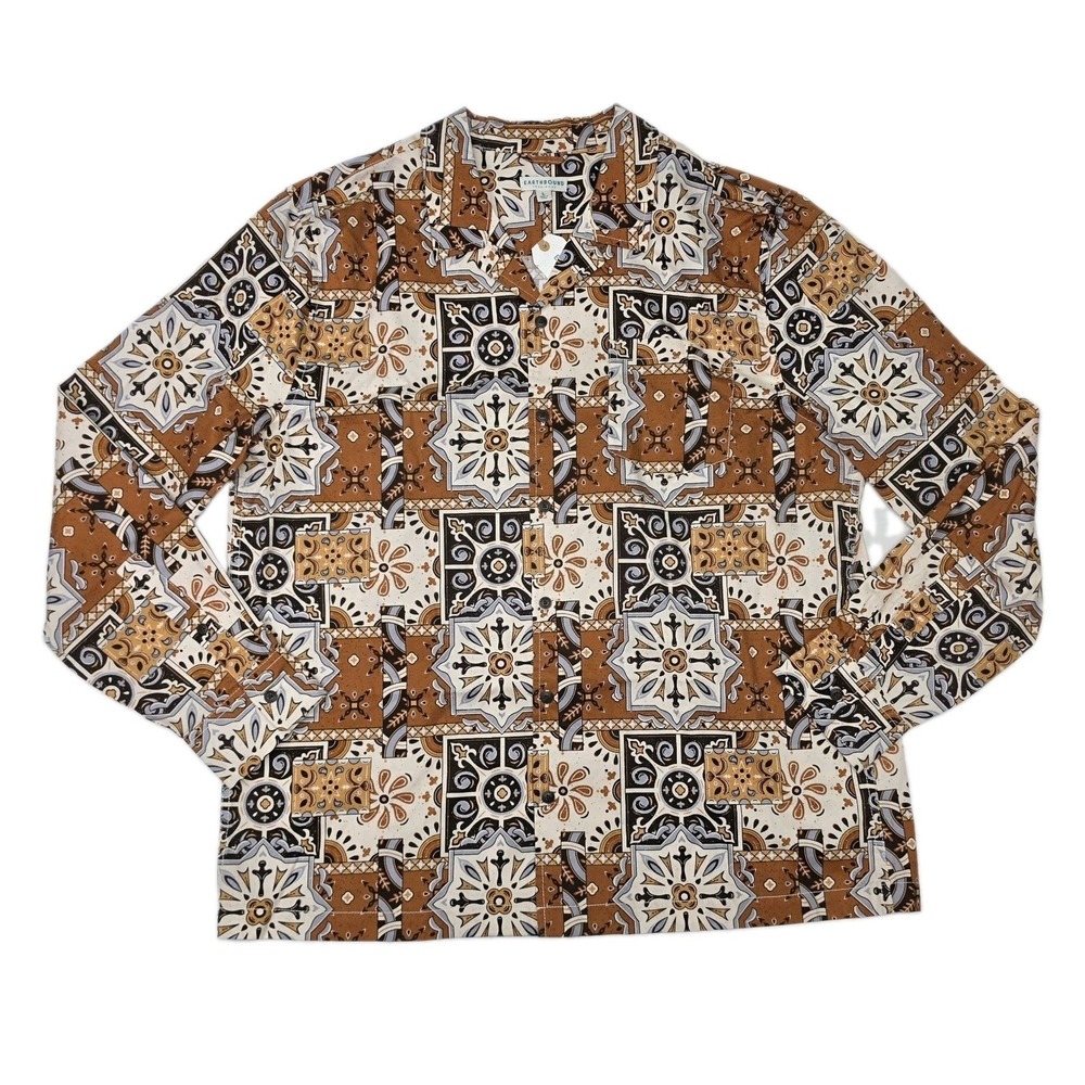 NEW Earthbound Trading Long Sleeve Button Camp Shirt Mens L Geometric Artsy 3323